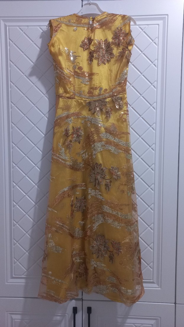 Sarı İşlemeli Uzun  Elbise Bolerolu - Görsel 4