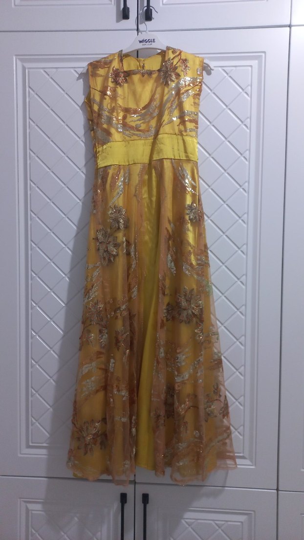 Sarı İşlemeli Uzun  Elbise Bolerolu - Görsel 2