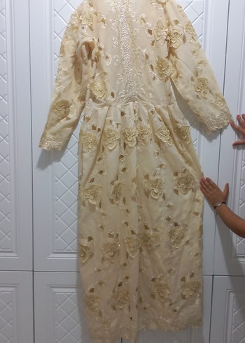 Dantel İşlemeli Bej Vintage Uzun Elbise - Görsel 6