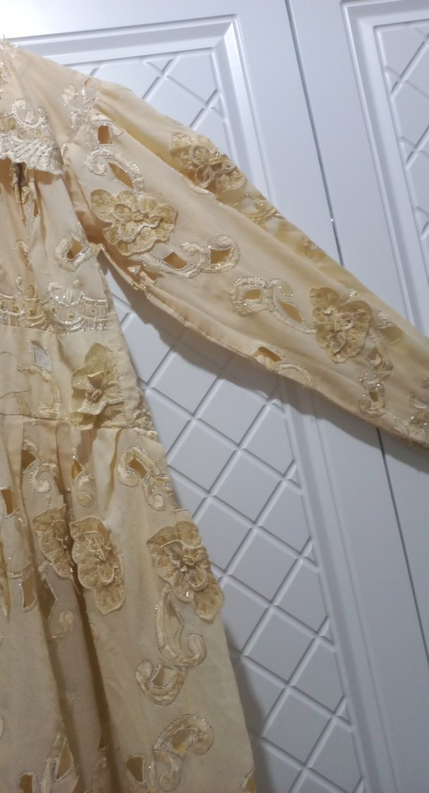 Dantel İşlemeli Bej Vintage Uzun Elbise - Görsel 2