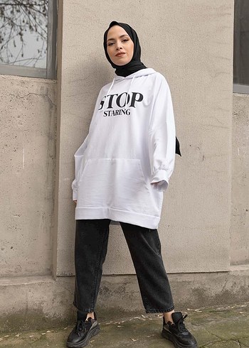Beyaz Oversize Baskılı Kadın Sweatshirt