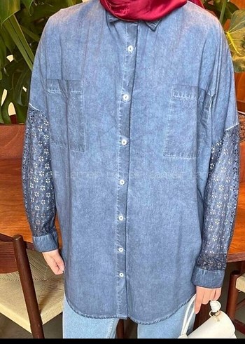 Düğmeli Uzun Kollu Denim Gömlek