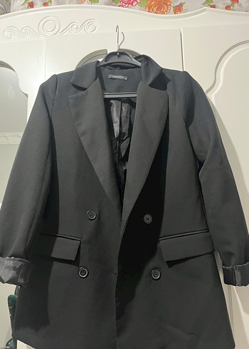Düğmeli Siyah Midi Kadın Blazer Ceket - Görsel 3