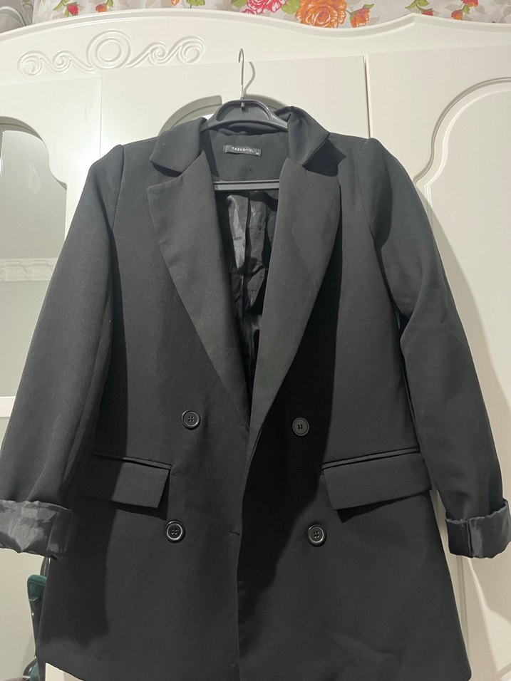 Düğmeli Siyah Midi Kadın Blazer Ceket - Görsel 3