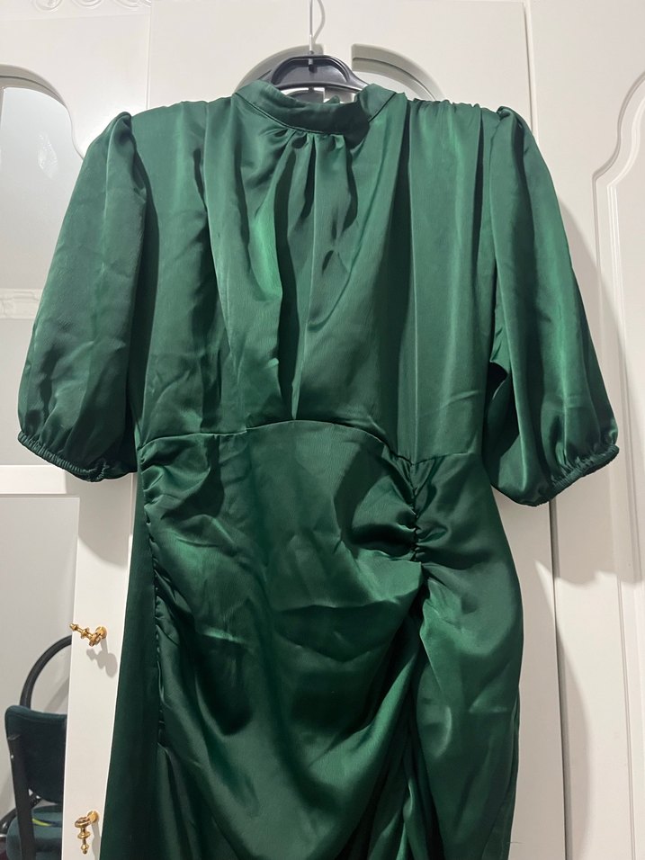 Yüksek Yakalı Kısa Kollu Haki Elbise - Görsel 5