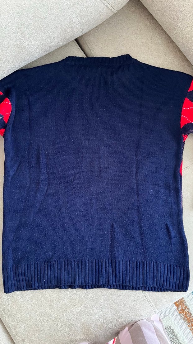 Kırmızı Lacivert Baklava Desenli Oversize Kadın Kazak - Görsel 2