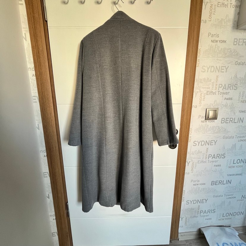Düğmeli Gri Uzun Yün Kaban - Görsel 3