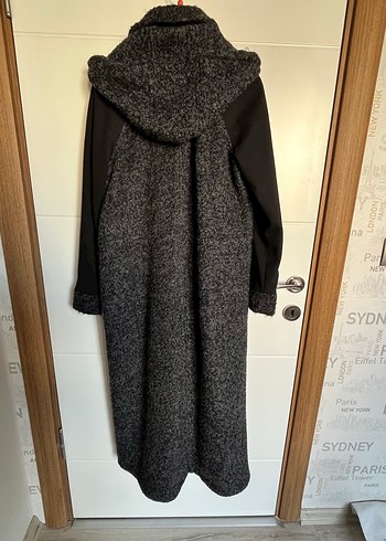 Gri Uzun Yünlü kapşonlu Kadın Kaban - Görsel 5