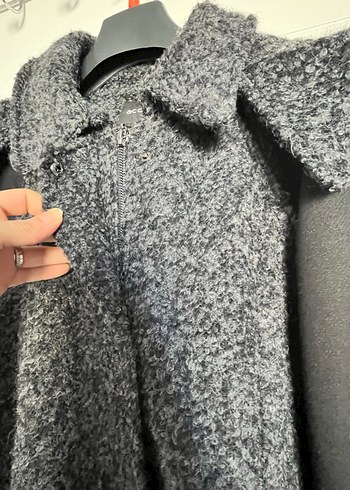 Gri Uzun Yünlü kapşonlu Kadın Kaban - Görsel 3