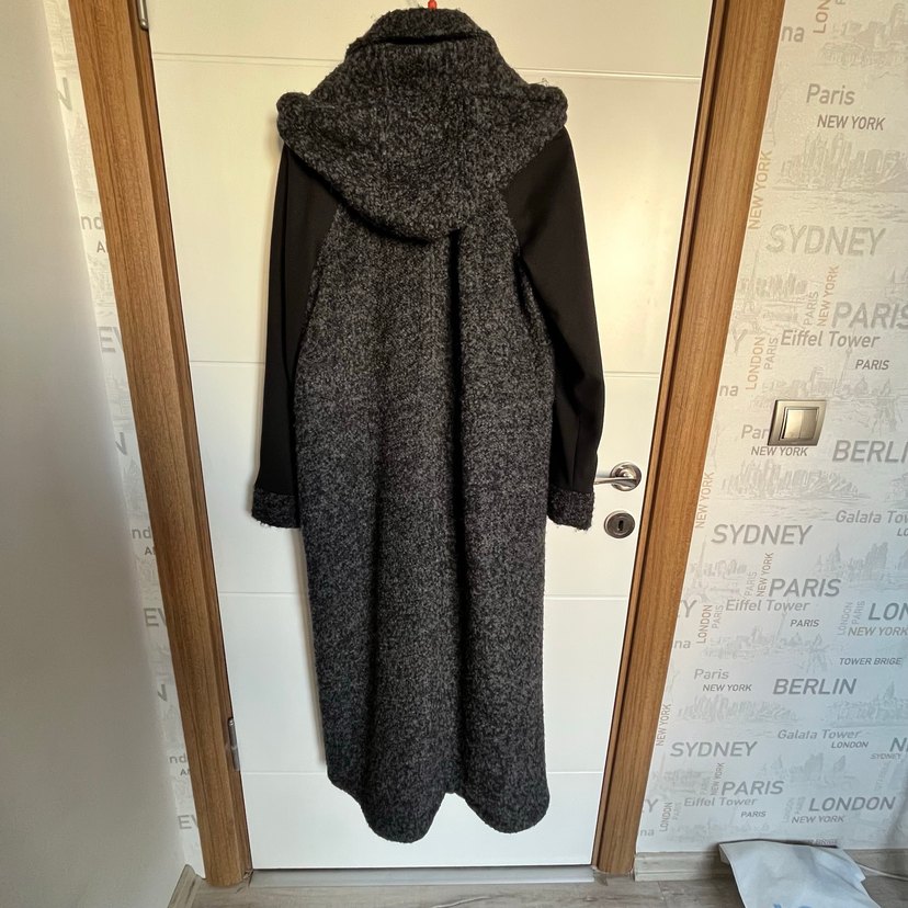 Gri Uzun Yünlü kapşonlu Kadın Kaban - Görsel 5