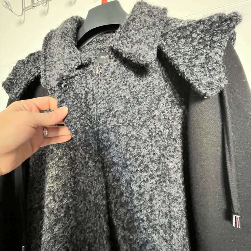 Gri Uzun Yünlü kapşonlu Kadın Kaban - Görsel 3