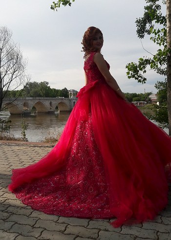 Fuşya Dantel Detaylı Uzun Abiye Elbise nişanlık - Görsel 2