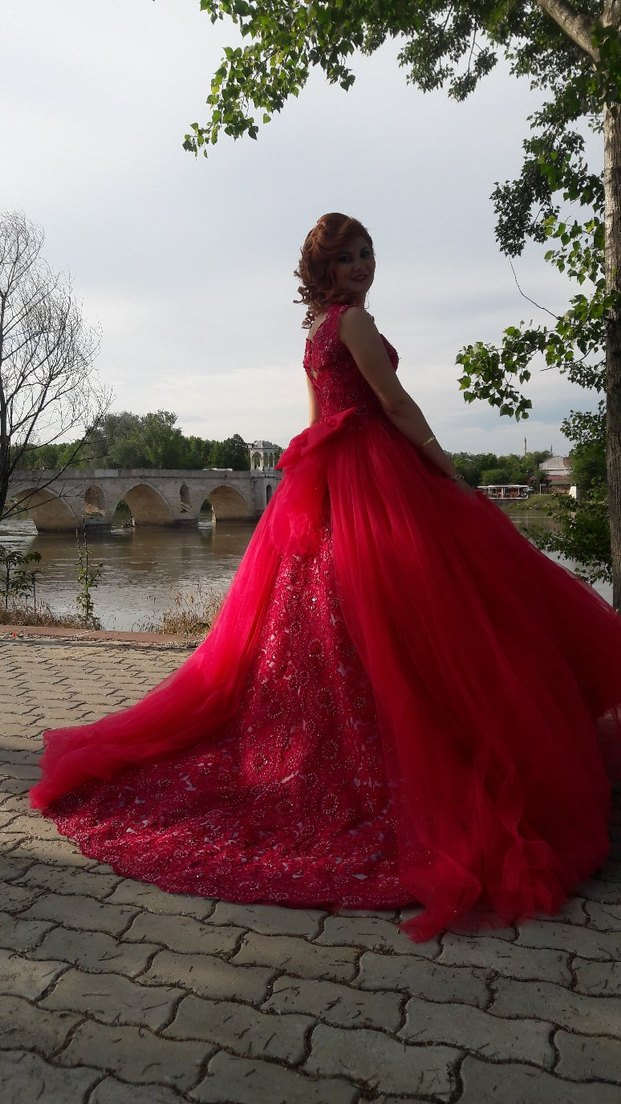 Fuşya Dantel Detaylı Uzun Abiye Elbise nişanlık - Görsel 2