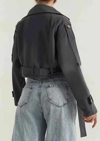 Gri Kemerli Midi Denim Trençkot - Görsel 4