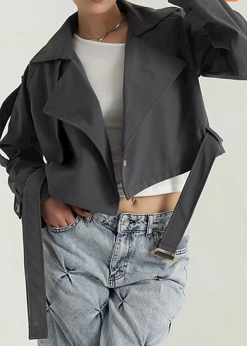 Gri Kemerli Midi Denim Trençkot - Görsel 3