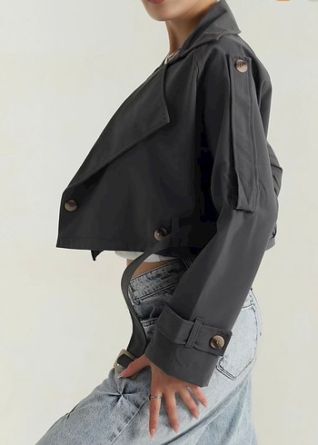 Gri Kemerli Midi Denim Trençkot - Görsel 2