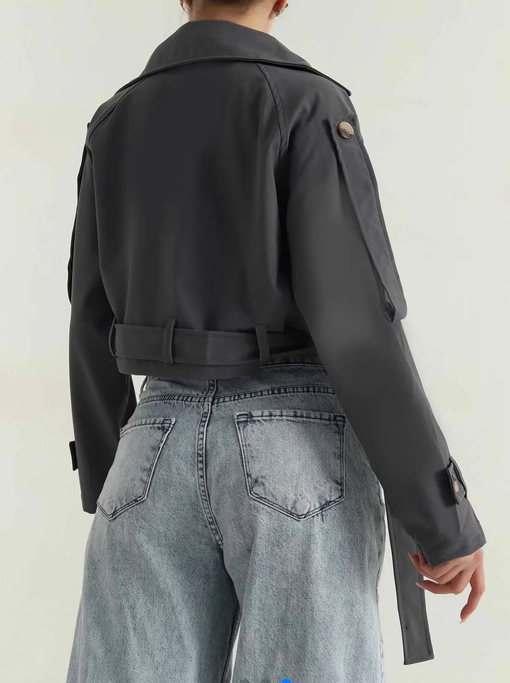 Gri Kemerli Midi Denim Trençkot - Görsel 4