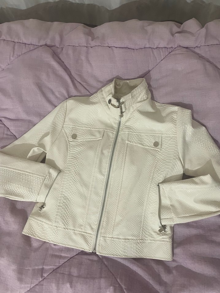 Beyaz Yılan Desenli Deri Kadın Ceket - Görsel 2