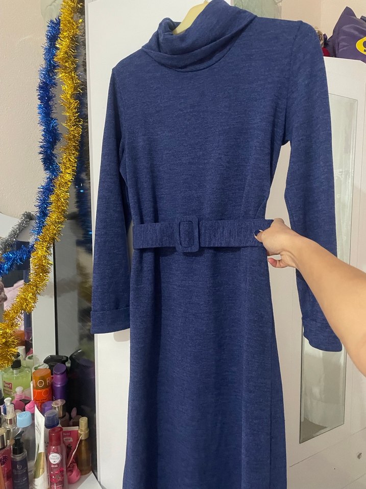 Kemerli Uzun Kollu Mavi Kadın Elbise - Görsel 2