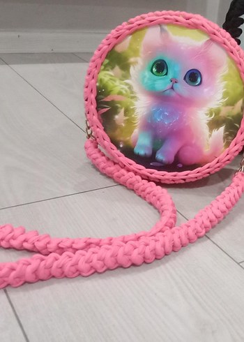 Diğer Pembe Püsküllü Kedi Baskılı Çanta