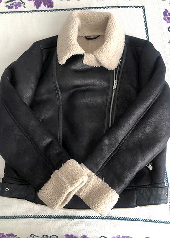 Siyah Deri Kürklü Biker Ceket