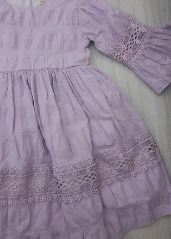 Mor Kız Çocuk Fırfırlı Keten Elbise - Görsel 3