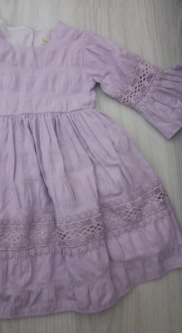 Mor Kız Çocuk Fırfırlı Keten Elbise - Görsel 3