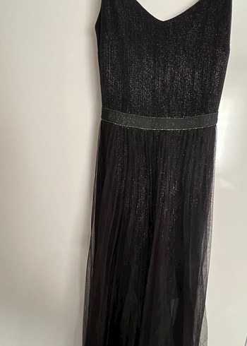 Siyah Pilili V Yaka Uzun Askılı Elbise - Görsel 2