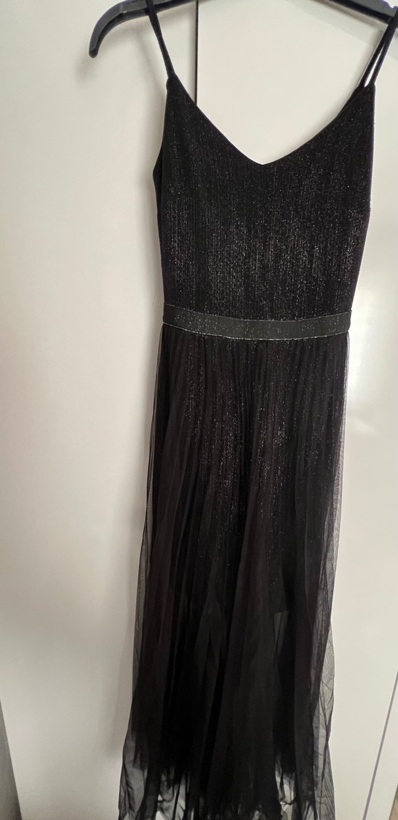 Siyah Pilili V Yaka Uzun Askılı Elbise - Görsel 2