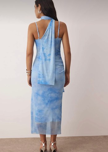 Mavi Drapeli Uzun Askılı Elbise - Görsel 2