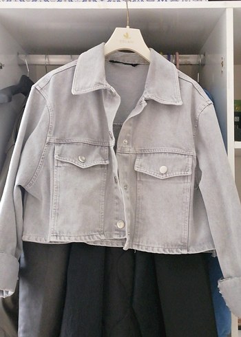 l Beden Gri Düğmeli Kadın Denim Ceket