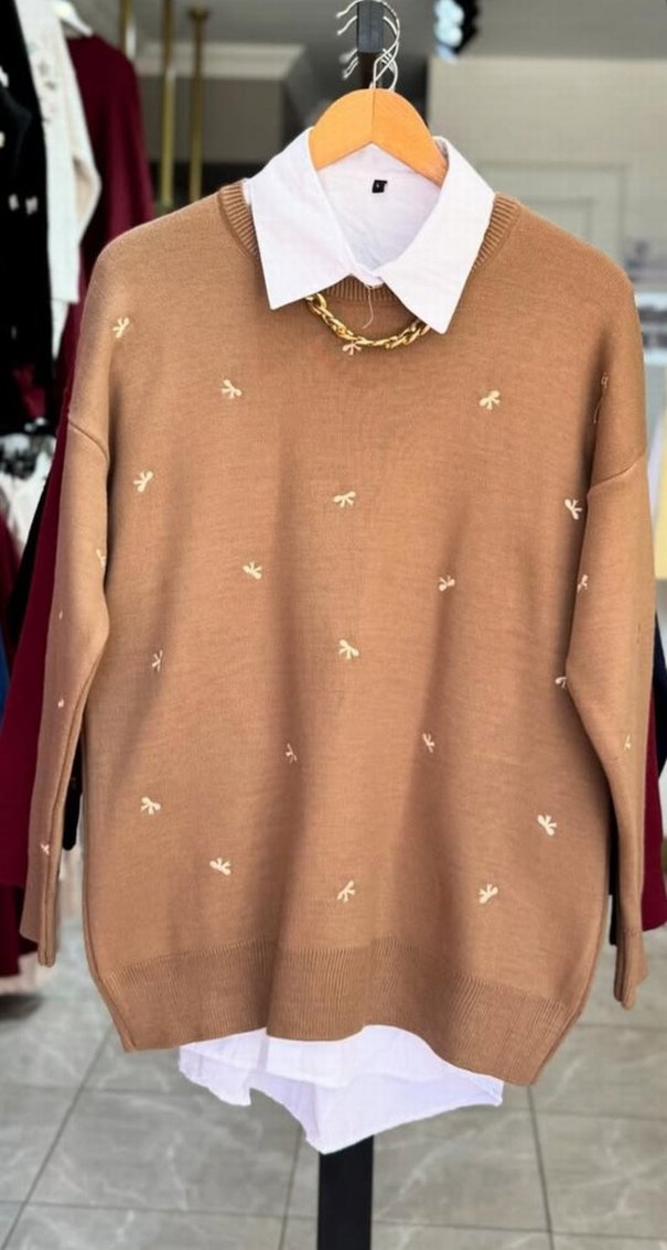 Nakışlı Beyaz Kadın Triko Kazak - Görsel 4