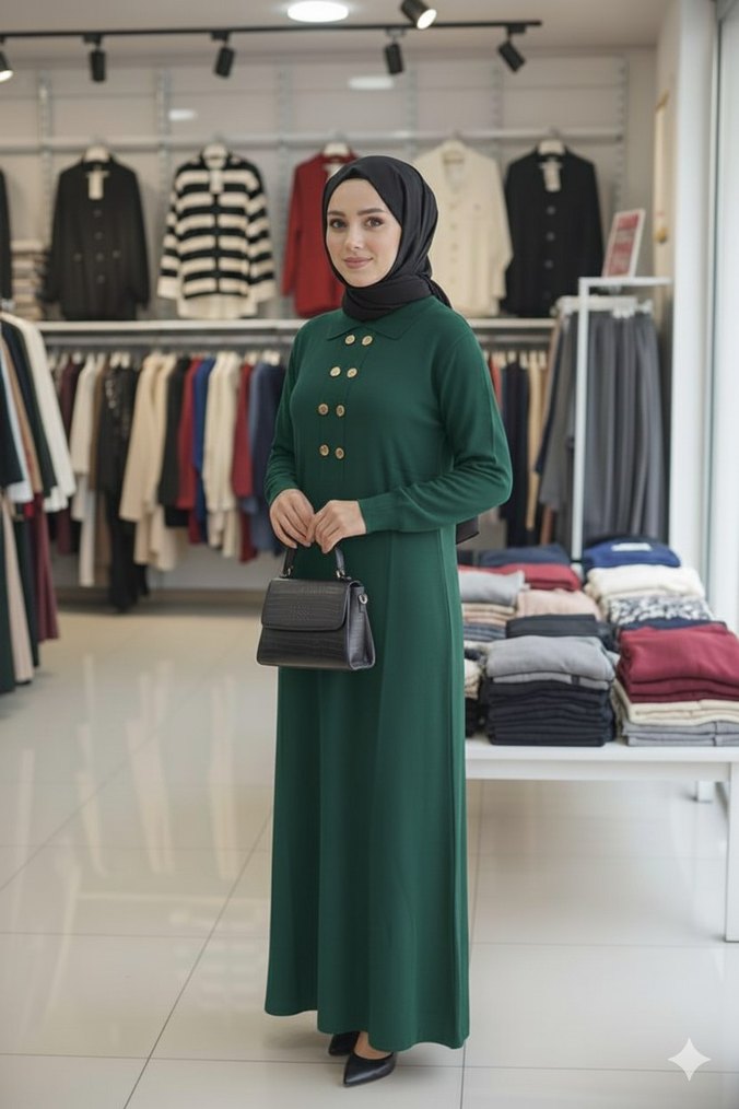 Düğmeli Siyah Uzun Kollu Tesettür Elbise - Görsel 2