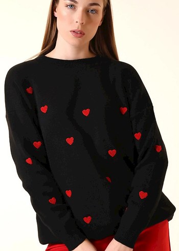 Nakışlı Siyah Uzun Kollu Triko Kazak - Görsel 2