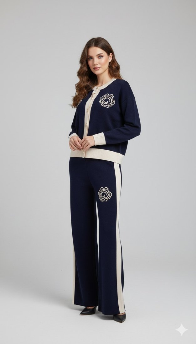 Düğmeli Nakışlı Lacivert Kadın Eşofman Takımı - Görsel 3