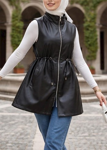 Deri Kemerli Siyah Midi Yelek - Görsel 3