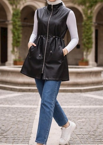 Deri Kemerli Siyah Midi Yelek - Görsel 4