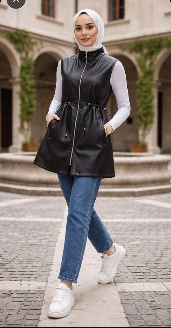 Deri Kemerli Siyah Midi Yelek - Görsel 4