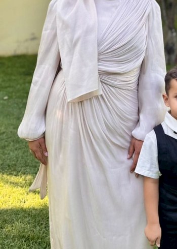 Diğer Bej Drapeli Uzun Kollu Abiye Elbise