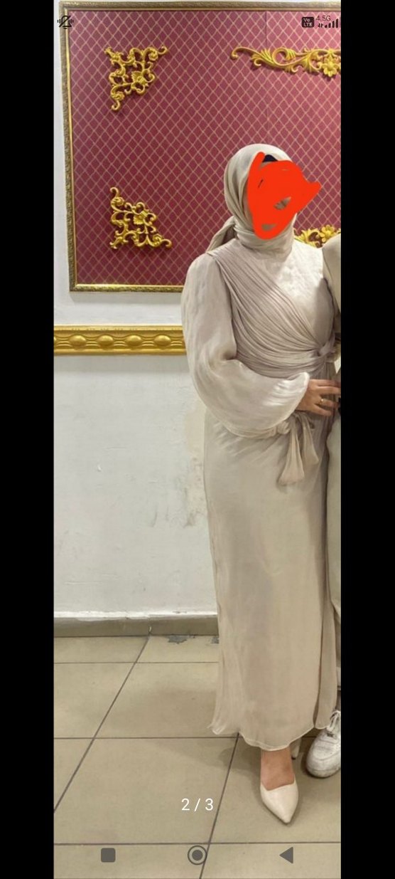 Bej Drapeli Uzun Kollu Abiye Elbise - Görsel 3