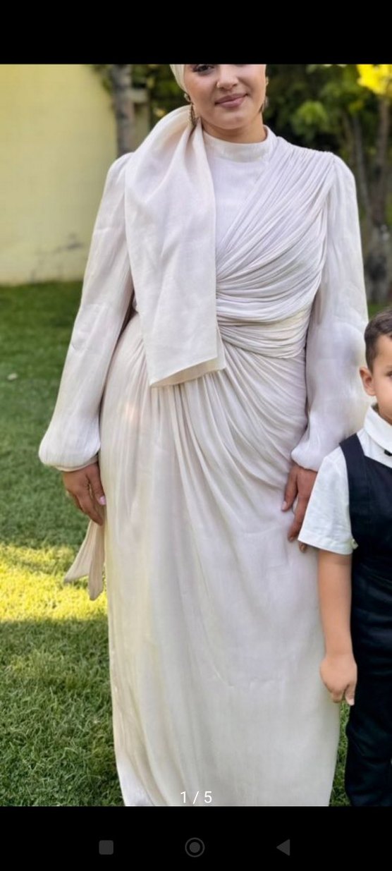 Bej Drapeli Uzun Kollu Abiye Elbise - Görsel 2