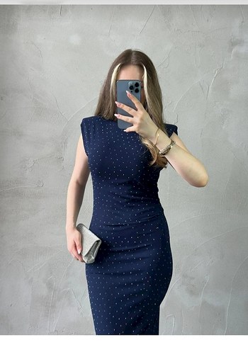 l Beden Pul Detaylı Lacivert Uzun Denim Elbise