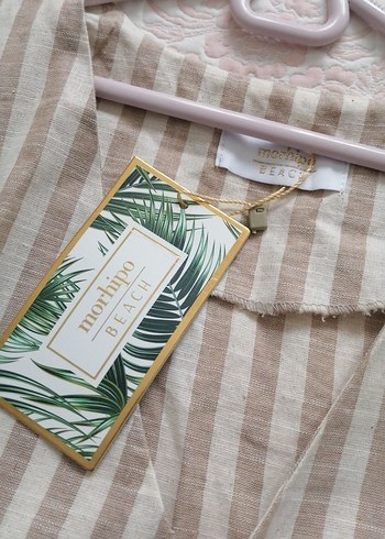 Bej Çizgili Kemerli Uzun Keten Elbise - Görsel 2