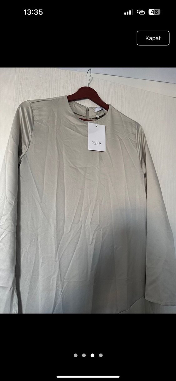 Bej Uzun Kollu Keten Uzun Elbise - Görsel 3