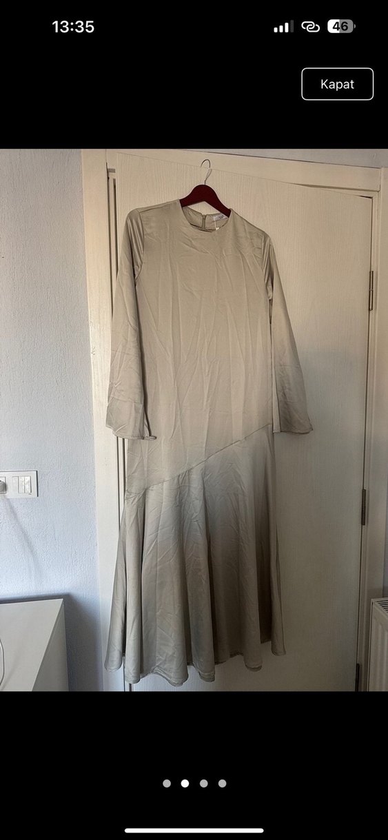 Bej Uzun Kollu Keten Uzun Elbise - Görsel 2