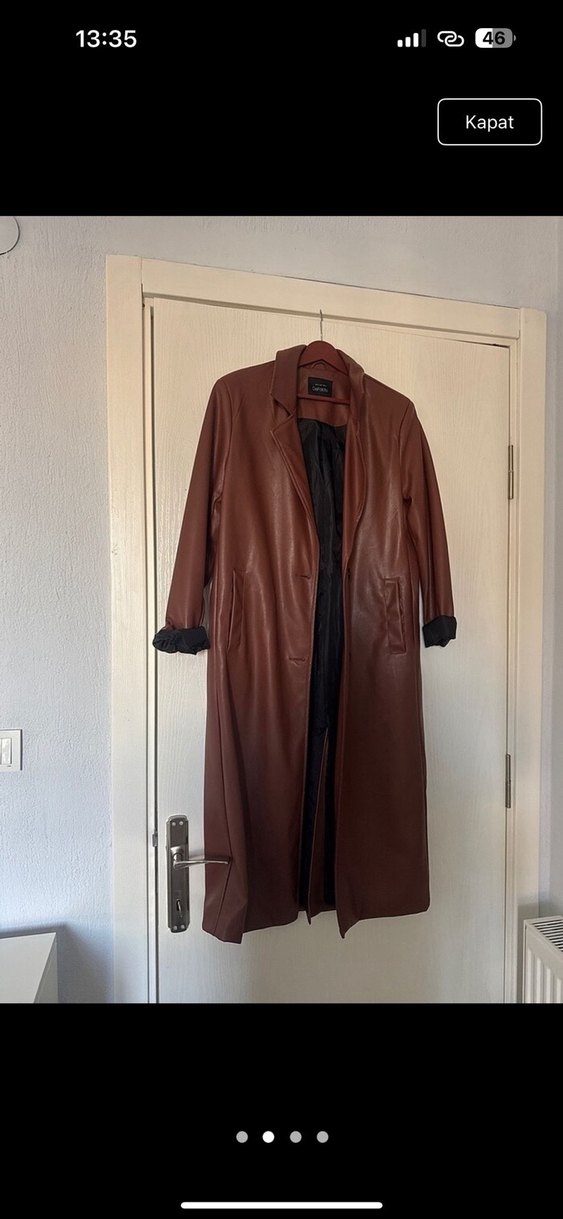 Kahverengi Deri Uzun Trençkot - Görsel 2