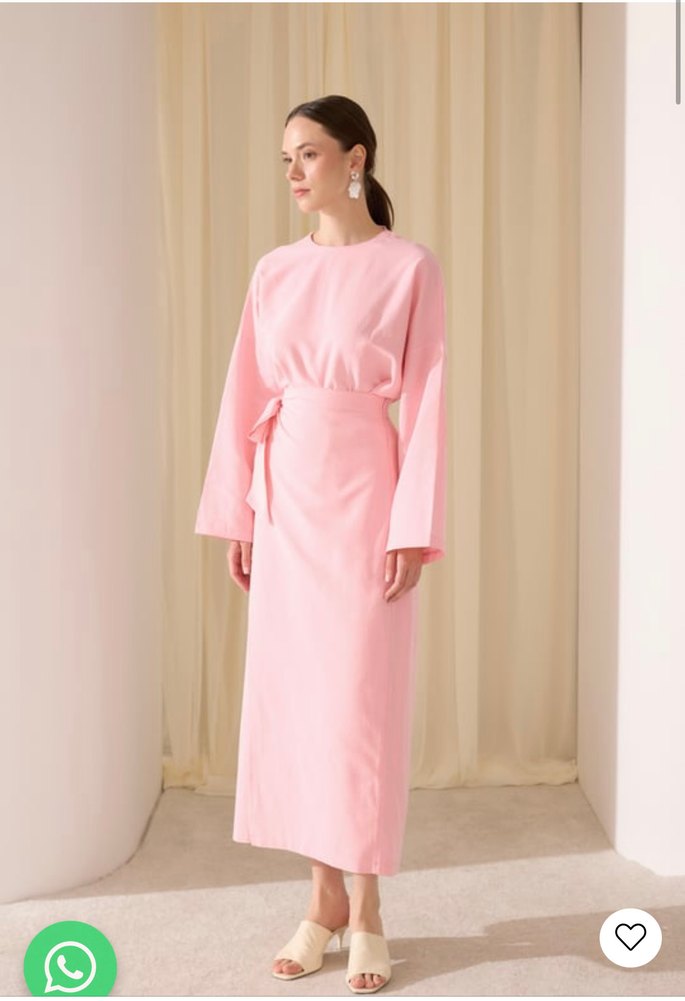 Pembe Uzun Keten Elbise - Görsel 3