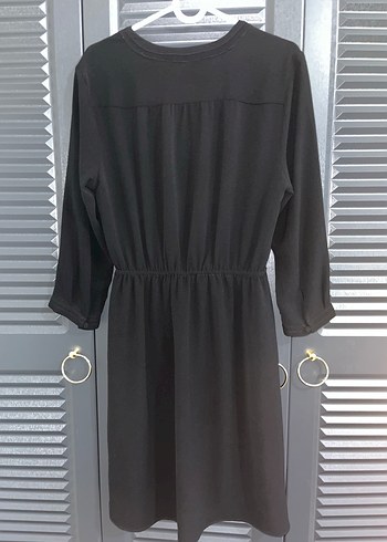 Düğmeli Siyah Midi Yarım Kollu Elbise - Görsel 2