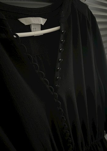 Düğmeli Siyah Midi Yarım Kollu Elbise - Görsel 3