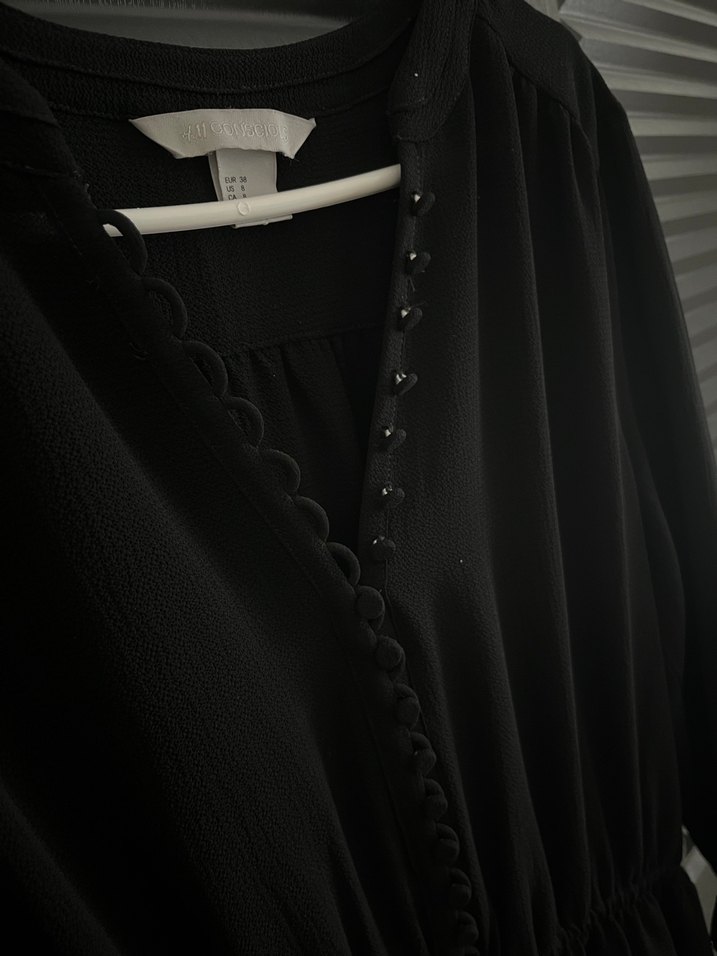 Düğmeli Siyah Midi Yarım Kollu Elbise - Görsel 3